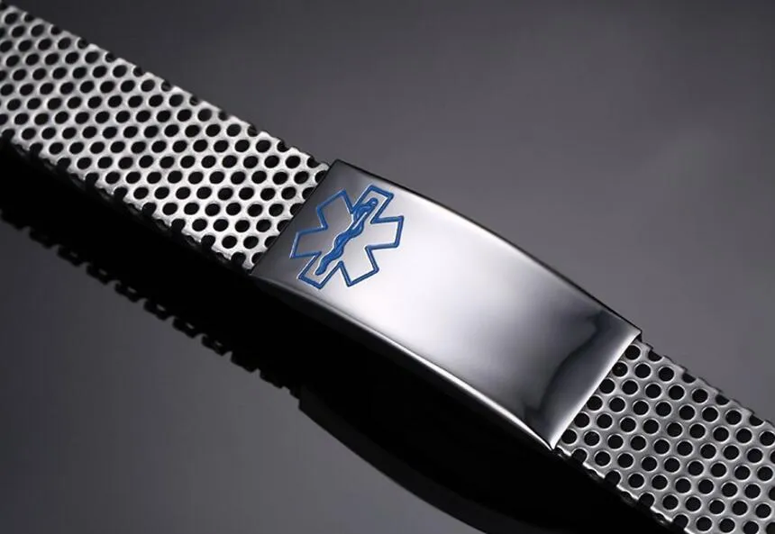 Kostenlose individuelle Gravur, medizinisches Alarm-ID-Armband, personalisiertes medizinisches Alarm-ID-Armband aus Edelstahl für Herren mit Mesh-Band
