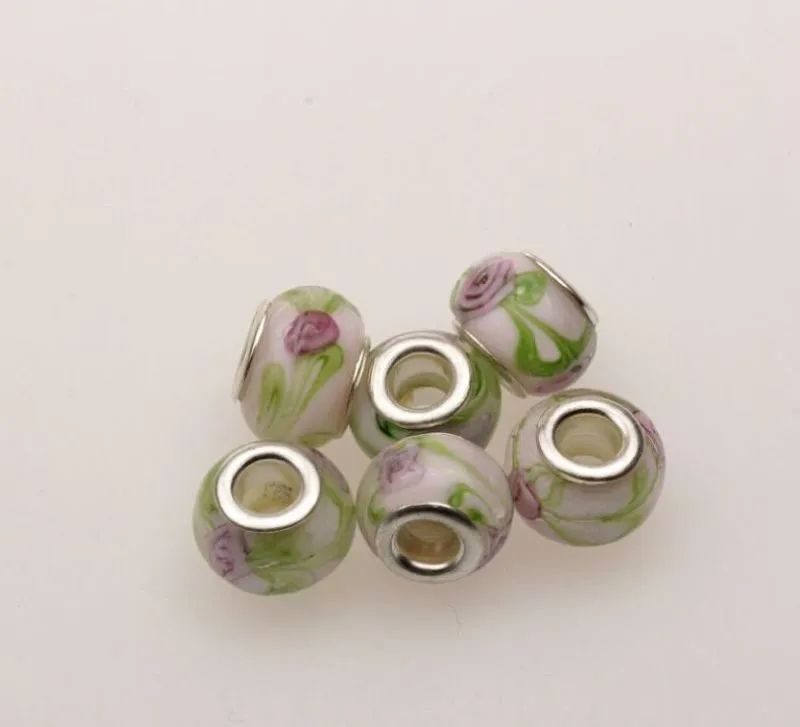 MIC Silver Core Endearing Flower Murano Glass Beads Fit Charms Bracelets 14 x 10mm Jewelry DIY 375