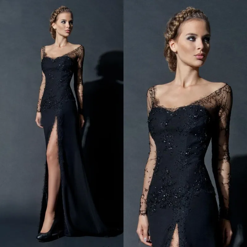 Black Lace Arabic Evening Gowns Dresses Sheath Scoop Neckline Long Illusion Sleeves Beads High Split Formal Dress