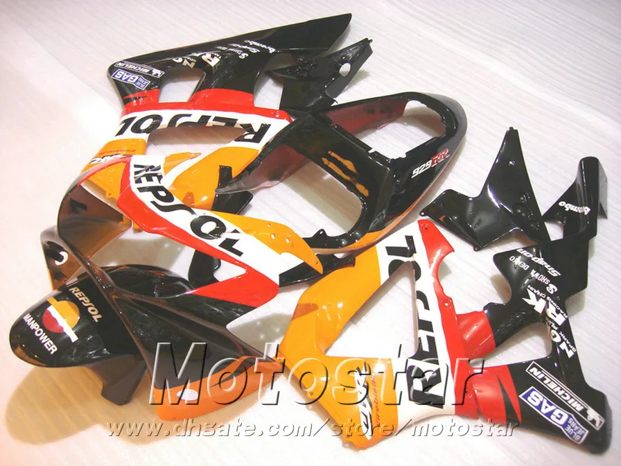 7 선물 용품 HONDA CBR900RR 페어링 키트 CBR929 2000 2001 블랙 오렌지 REPSOL CBR 929 RR CBR929RR 페어링 HB4 세트