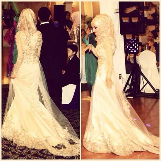 2015 Senaste Muslim Bröllopsklänningar Vintage Mermaid Lace Over Tulle Beaded High Collar Long Sleeves Mideast Bridal