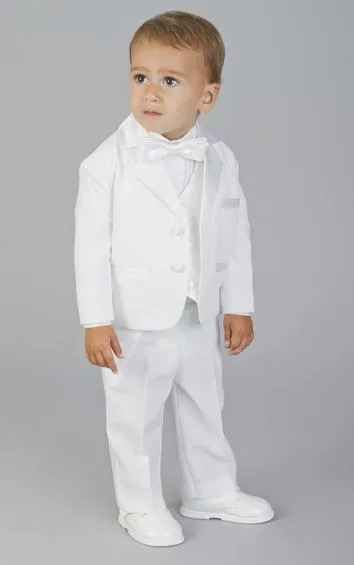 Nach Maß zwei formale Kleidung-Anlass-Kerben-Satin-Revers scherzt Smoking-Hochzeits-Partei-Klagen des Knopf-weißen Jungen Jacke + Pants + Vest + Tie K3