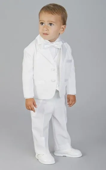 Feito sob encomenda Dois Botões White Boy's Formal Wear Ocasião Notch Lapela De Cetim Crianças Smoking Ternos Da Festa de Casamento (Jacket + Pants + Vest + Tie) K3