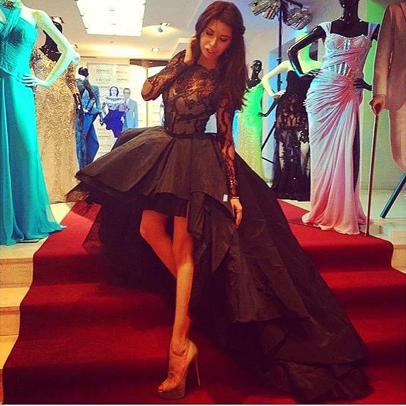 Special Occasion Appealing High Low Black Ball gown Taffeta Evening Party Gowns short front long back Lace long sleeve prom dresses