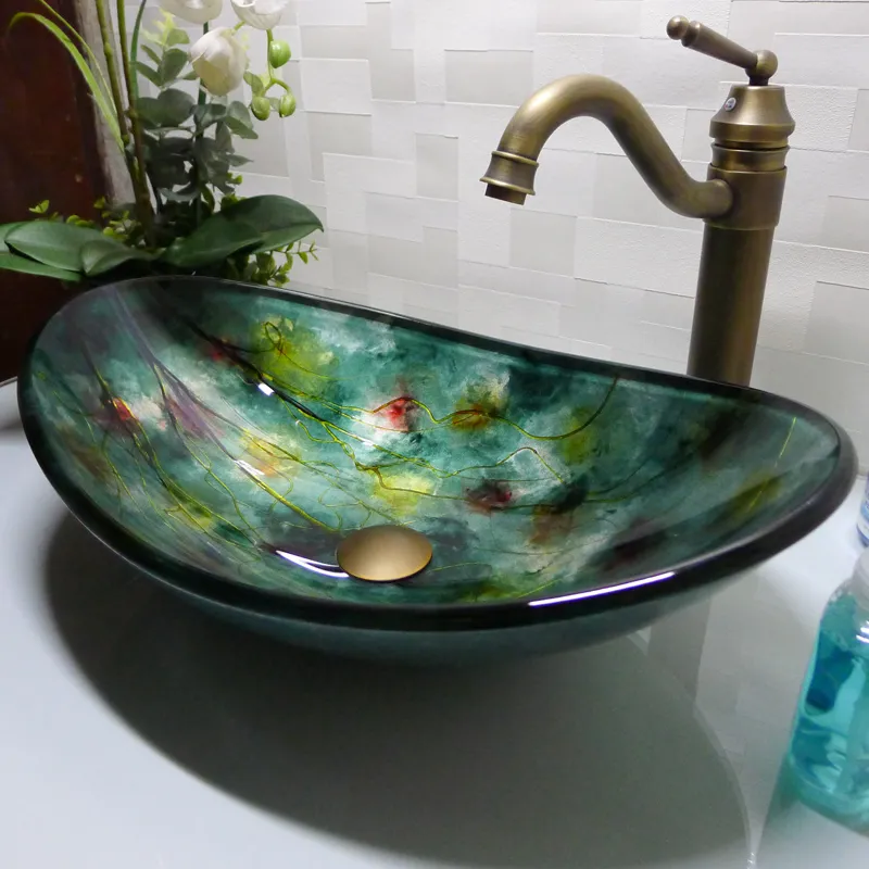 Lavello in vetro temperato per bagno Counter top-top borsetti a forma di barca a forma di lavabo a vaso di lavaggio a sfiollo lavello della nave shampoo hx017