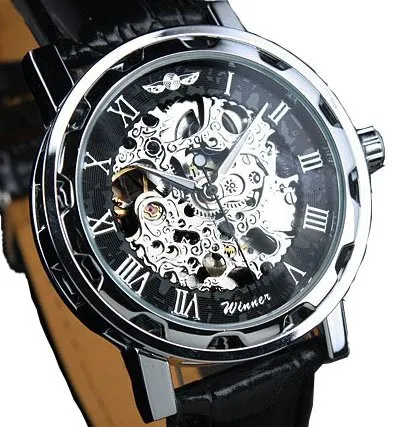 Reloj mecánico de acero inoxidable con banda de cuero negro Winner para hombre, reloj de pulsera mecánico dorado, 285x