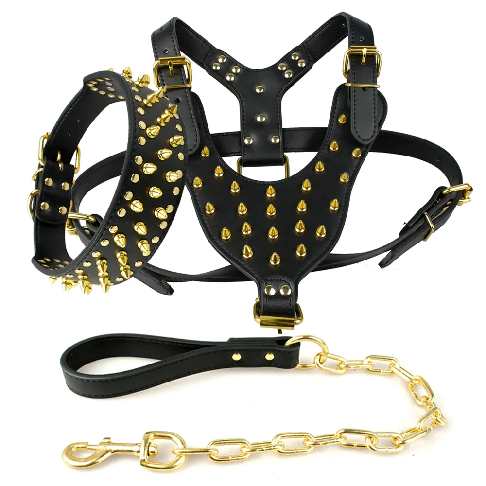 Gold Spikes Studded Leather Dog Pet Pitbull Harness Studded Collar Chain Leash Set for Large Dogs3993232