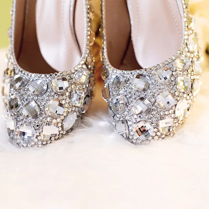 Серебряные свадебные туфли прозрачная платформа с стразами с закрытой ногой 3 свадебные туфли хрустальные насосы европейские выпускные каблуки All Size347J