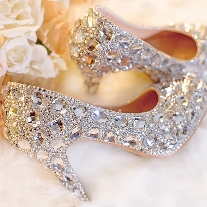 Серебряные свадебные туфли прозрачная платформа с стразами с закрытой ногой 3 свадебные туфли хрустальные насосы европейские выпускные каблуки All Size347J