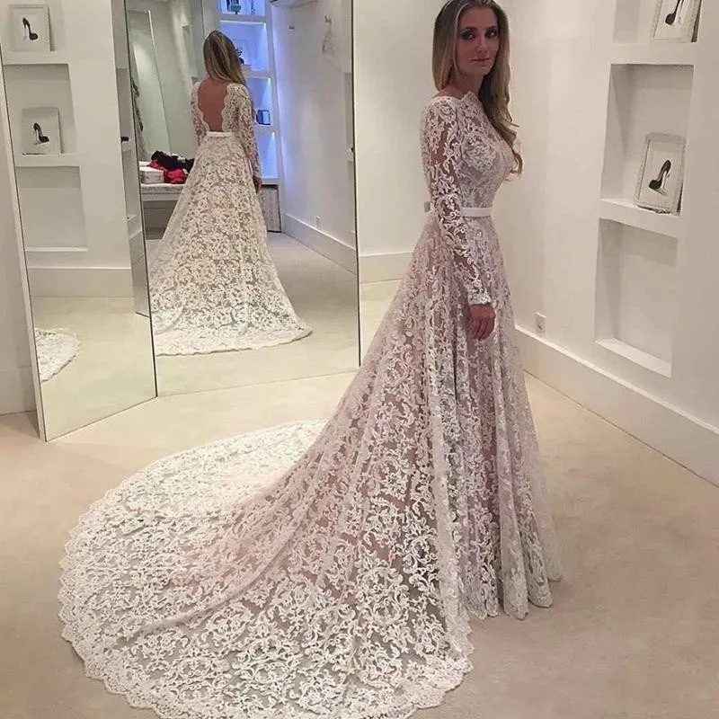 Long Sleeves Vintage Lace Wedding Dresses 2020 Arabic Sheer Bateau Neck Backless A Line Sweep Train Bridal Gowns Robe De Soiree Custom 030