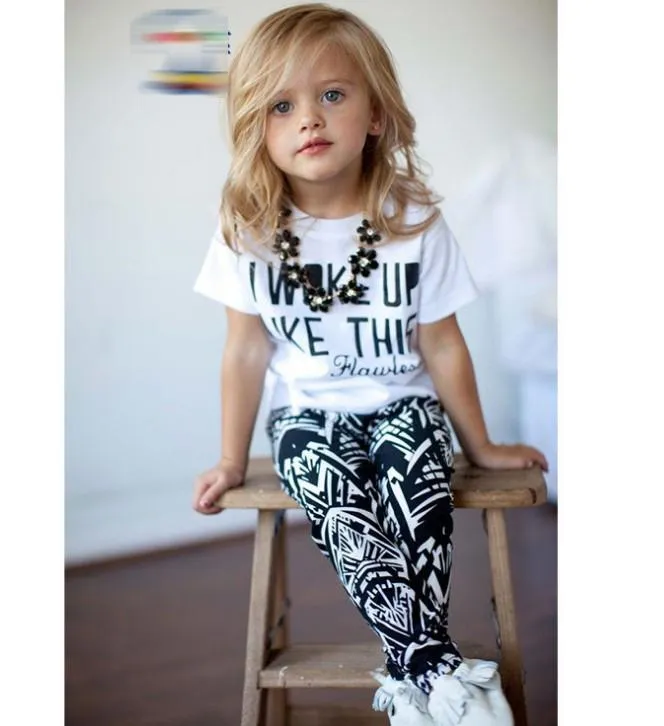 Summer I Woke Up Like This Letter Geometry Printing Children Girls Tshirt Pants 2pcs Sets Kids Tee Shirt Tops Trousrs Outfits Casual BY0000