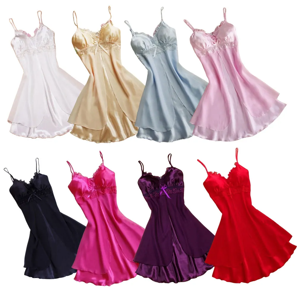 Wholesale New Sexy Women Lace Short Mini Braces Nightdress Smooth Satin Nightgown Pajams 