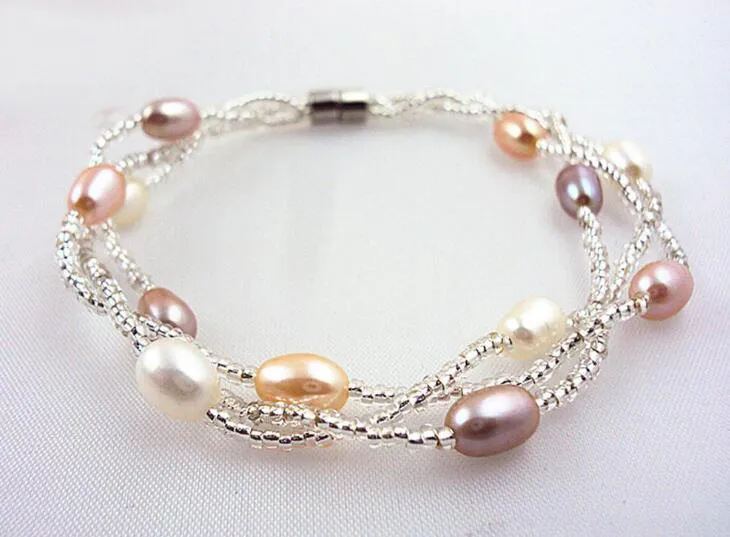 6-7mm Pure Natural Färskvatten Oyster Pärlor Armband Multi-Layer Pearl Smycken Med Magnetiska Spänne Armband Bröllop Pearl Armband