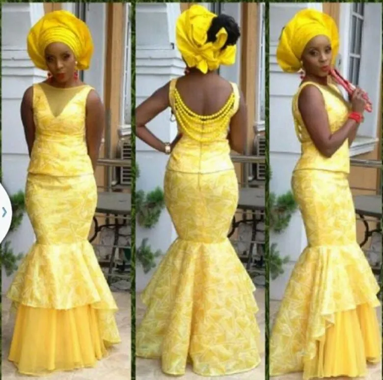 2019 Bellanaija Robes de soirée de style sirène Femme Bellanaija Asoebi Tabrics Robe Prom Styles de dentelle Robes de soirée Clavin2766846