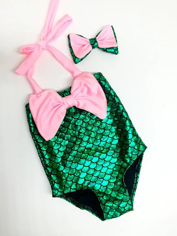Roupa do bebê Crianças Meninas Swimwear Little Mermaid Bikini Set Summer Beach Swimsuit Com bowknot Headband Meninas maiô de natação traje