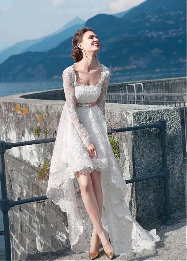 High Low Wedding Dresses Sash in Pink Square Neck Illusion Long Sleeves Lace Casual Bridal Gowns Flowing Keyhole Lace up Back Cheap