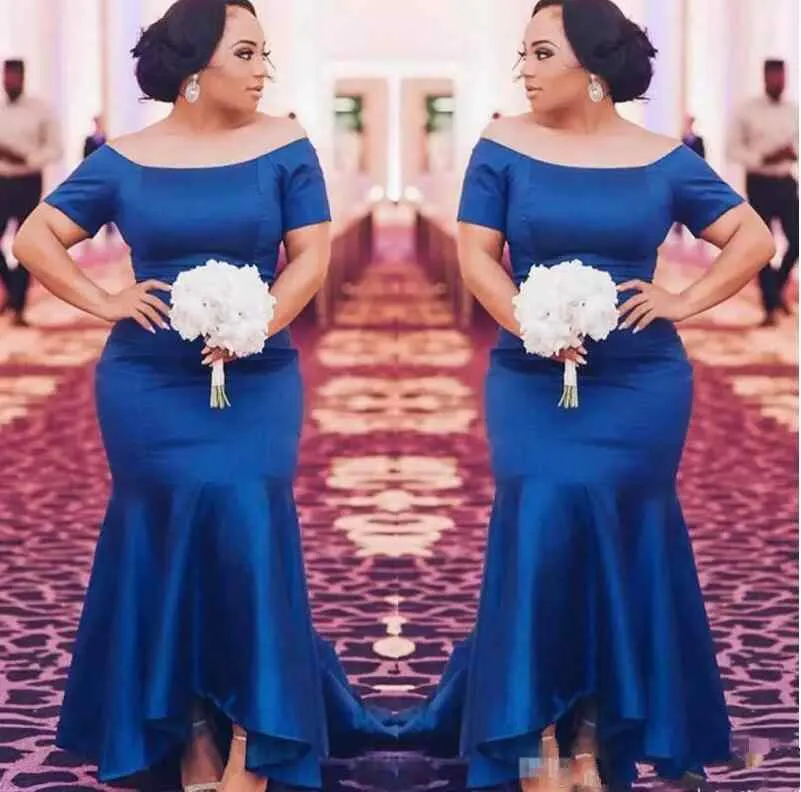 Bleu Royal Plus La Taille Robes De Demoiselle D'honneur 2019 Satin Manches Courtes Sirène Demoiselle D'honneur Robes Haut Bas Invité De Mariage Robe De Soirée De Bal