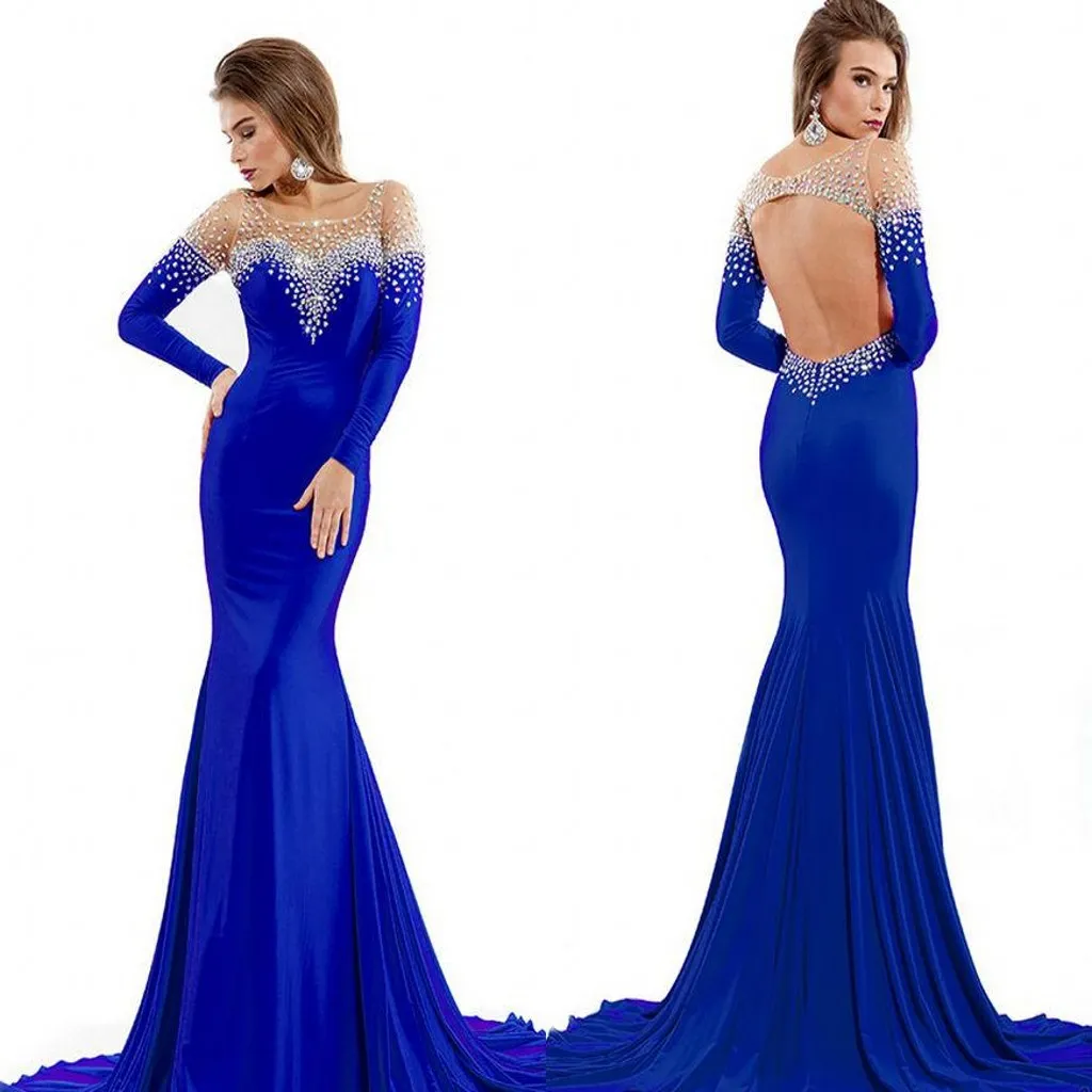 Royal Blue Sheer Top Evening Dresses Long Sleeve Sequins