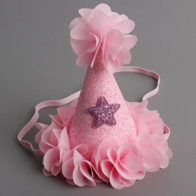 Baby Shower Compleanno Cappello a cono Corona Fiore in chiffon Stella Tiara Fascia bambini Fasce capelli feste ragazze Accessori