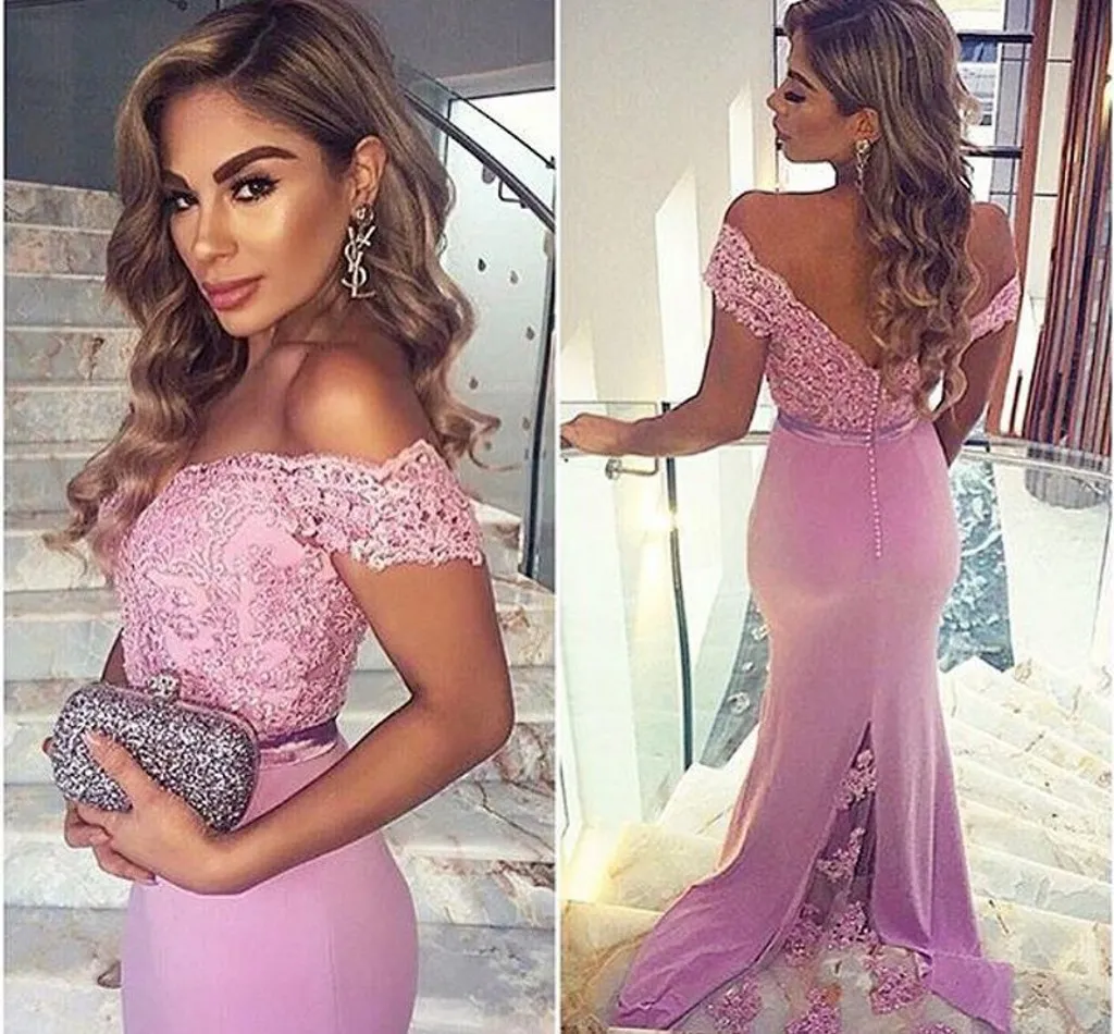 2016 Light Purple Off Shoulder Bridesmaid Dresses For Wedding Lace Beaded Mermaid Formal Party Gowns With Buttons Maid Of Honor Dr255C