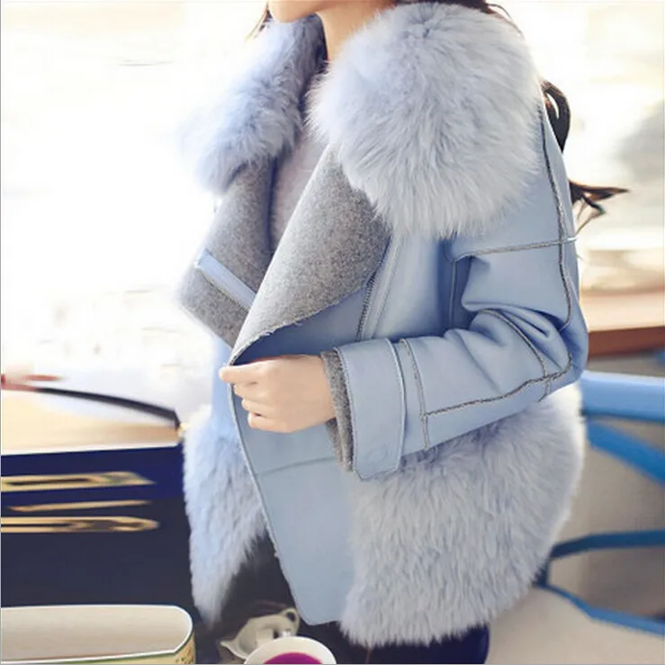 Europäische und amerikanische Winter-Kurzmäntel für Frauen 2015 Frau Woolen Fox-Pelz-Kragen-Jacken-Mäntel dünne dicke Kunstpelzmäntel für Frauen