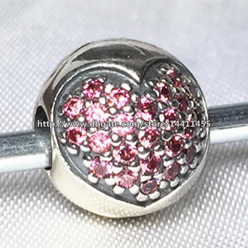 Authentic 925 Sterling Silver Pink Pave Heart Clip charm Bead with Cubic Zirconia Fits European Pandora Jewelry Bracelets & Necklaces