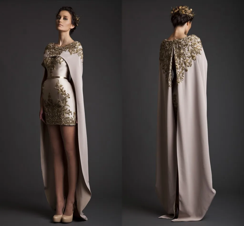 2017 Vintage Krikor Jabotyjski Suknie wieczorowe Sheath Long Oddzielne Cape Haft Satynowe Krótkie Szampana Prom Dresses