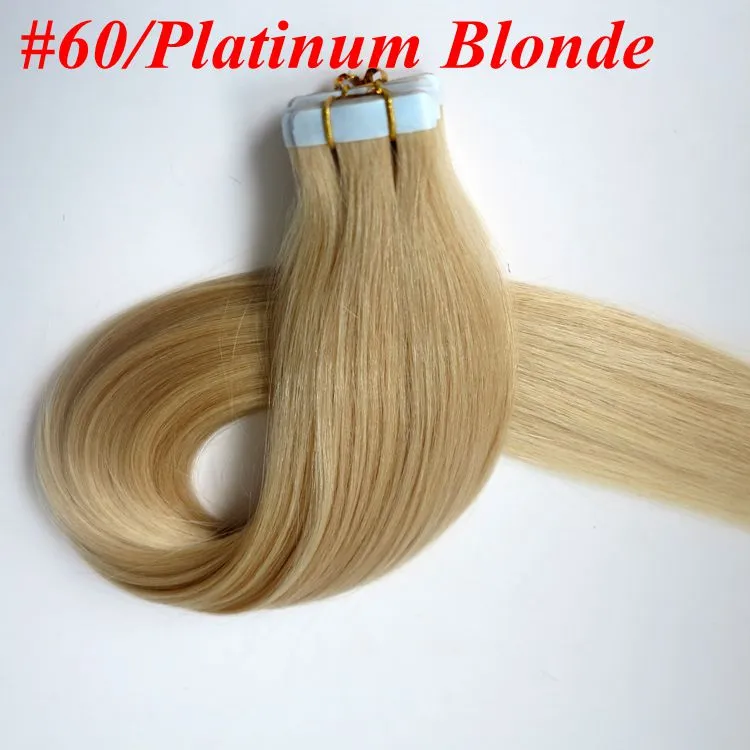 100 г 40 шт. / упак. лента для наращивания волос 100% человеческие волосы 18 20 22 24 дюйма 60# / платиновая блондинка клей утка кожи наращивание человеческих волос