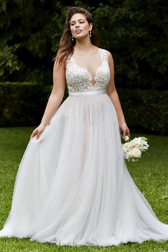 Abiti da sposa taglie forti Una linea girocollo Scollo trasparente con bottoni ricoperti Appliques Abiti da sposa Abito da sposa primaverile Volant in chiffon