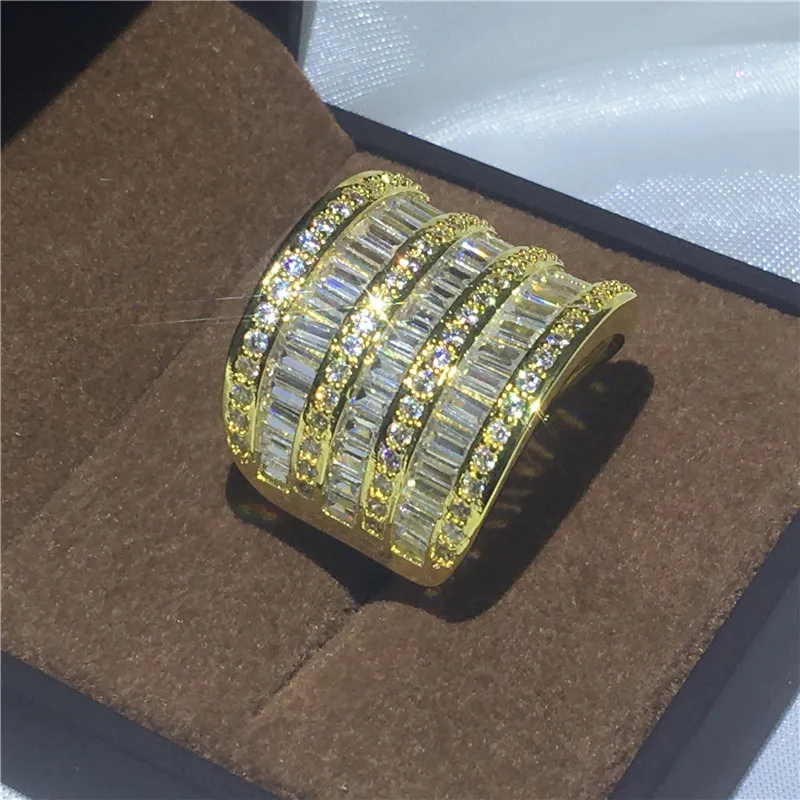 2017 فاخر كبير خاتم الذهب الأصفر معبأ خطوبة زفاف باند خواتم للنساء الرجال t- شكل 5a الزركون كريستال بيجو