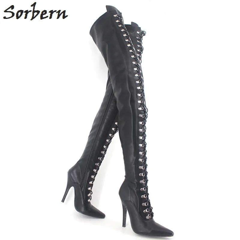 Sorbern Fetish Boot Lace Up Zip Crotch Flex Matt Pu Lår High Heel Over Knee Boots Plus Storlek 34-46 Fler färger Gratis frakt