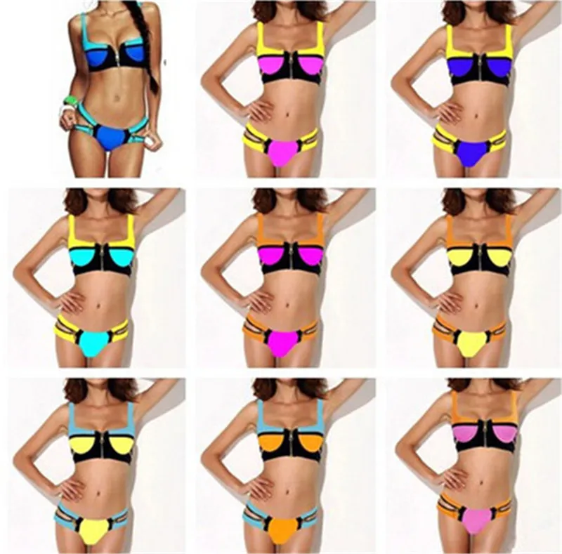 Costumi da bagno di moda di alta qualità per le donne Zipper Decor Push-Up imbottito Top succinto bikini Bottom Costume da bagno di marca 9 colori Spedizione gratuita