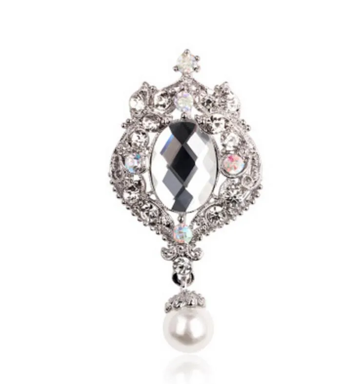 Vintage Silver Plated Rhinestone Crystal Daimante Water Drop Gift Brooch for Wedding