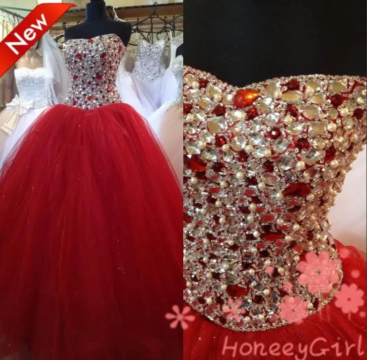 Masquerade bollklänningar 2018 röd vestidos de quinceanera klänning strapless tulle pärlor pärlstav kristall lång billig prom söt 16 klänningar
