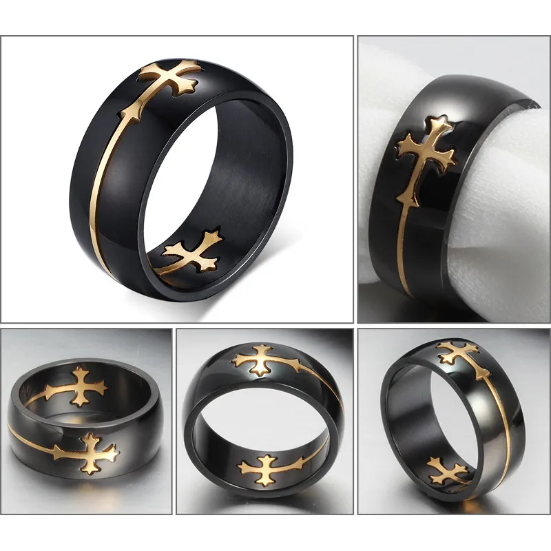 Anillos de moda para hombre y mujer con cruz de plata y acero de titanio, color negro, 8 mm, tamaño 7-14