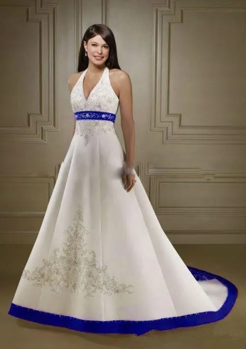 Court Train Ivory and Royal Blue A Line Wedding Dresses Halter Neck Open Back Lace Up Custom Made Embroidery Wedding Bridal Gowns