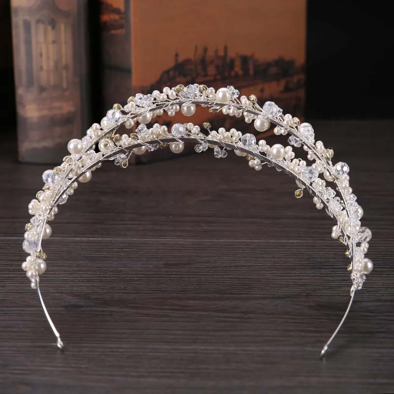 Vintage Wedding Bridal Crystal Rhinestone Pearl Beaded Hair Accessories Headband Band Crown Tiara Ribbon Headpiece Jewelry Set2204