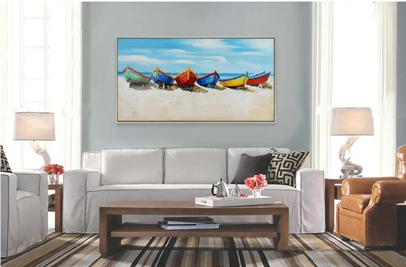 Pintura a óleo de barcos coloridos abstratos pintados à mão na tela do mar Seascape Big Size Modern Wall Pictures para o quarto decoração de casa UNFRAME4196183