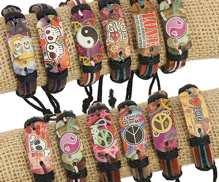 Mixed order 100% genuine leather bracelet love Peace sign Butterfly skull pattern Hemp rope adjustable bracelet 20pcs/lot