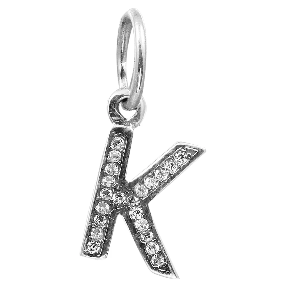 Buchstabe K baumelnd mit klarem CZ 011, 100 % 925er Sterlingsilber-Perlen, passend für Pandora-Charm-Armbänder, authentischer DIY-Modeschmuck