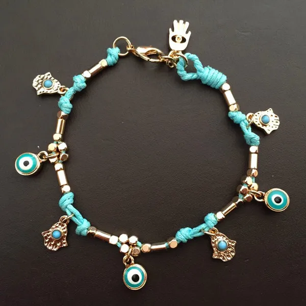 Evil eye charm bracelet handmade braided Turkey blue eye hamsa charm bracelets handmade jewelry zinc allloy waxed strings rope