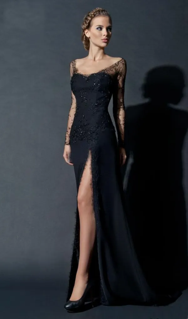 블랙 레이스 아랍어 이브닝 가운 드레스 칼집 스쿠프 넥 라인 긴 환상 슬리브 구슬 높은 분할 공식 드레스