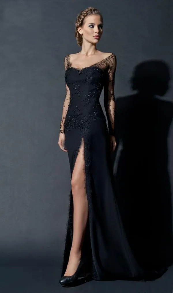 Black Lace Arabic Evening Gowns Dresses Sheath Scoop Neckline Long Illusion Sleeves Beads High Split Formal Dress