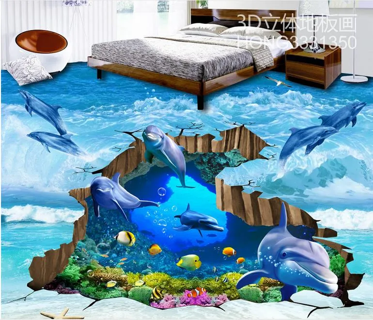 Dolphin crack mundo submarino baldosas tridimensionales suelo 3d para sala de estar y dormitorio