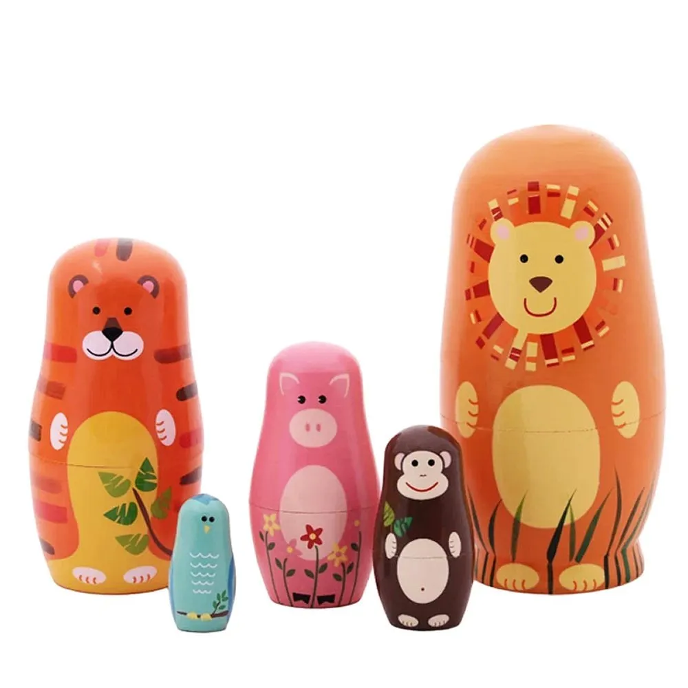 5pcs Nesting Dolls Handmade Wooden Cute Cartoon Zoo Animals Pattern 6"