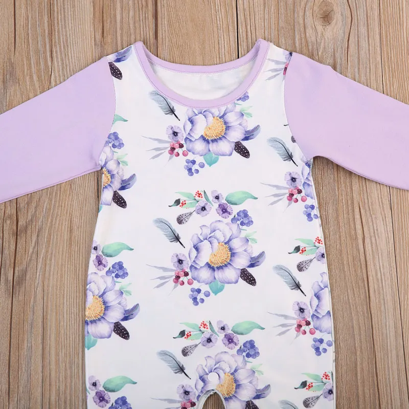 Mooie pasgeboren baby meisjes kleding kinderen romper paars bloemen print katoenen jumpsuit baby kleding outfit lange mouw baby rompertjes lente herfst