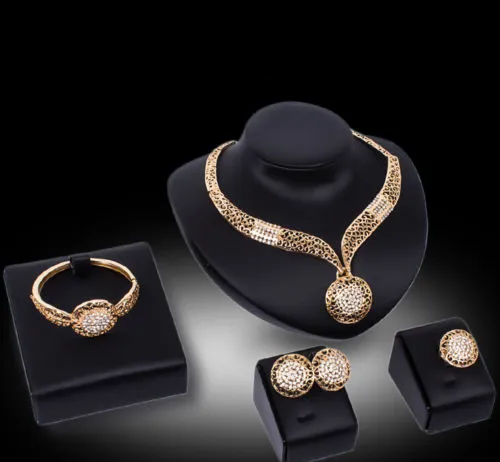 African Jewelry Sets Women Wedding Round Crystal Necklace Bracelet Ring Earring 18K Gold Plated Bridal Jewellery Set