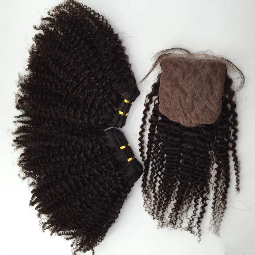 Goedkope Maleisische Virgin Hair 3 stks Free Deel Silk Sluiting met 2 stks Haarbundels Onverwerkte Menselijke Maagd Haarverlenging Afro Kinky Krullend