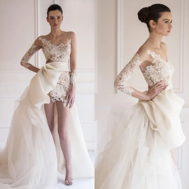 Elegant 2015 Elie Saab Sheer Bateau A-line Chiffon And Lace Illusion Long Sleeve Mini Short Wedding Dresses Bridal Gowns Free Shipping