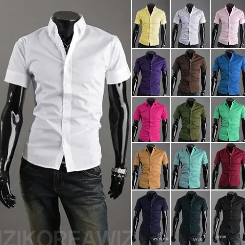 Nieuwe 2016 Mens Slim Fit Unieke halslijn Stijlvolle jurk korte mouw shirts heren heren shirts 17colors maat m-xxxl 6537